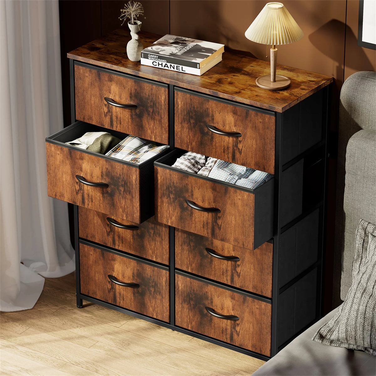 Brown 8 Fabric Drawer Dresser TV Stand M257