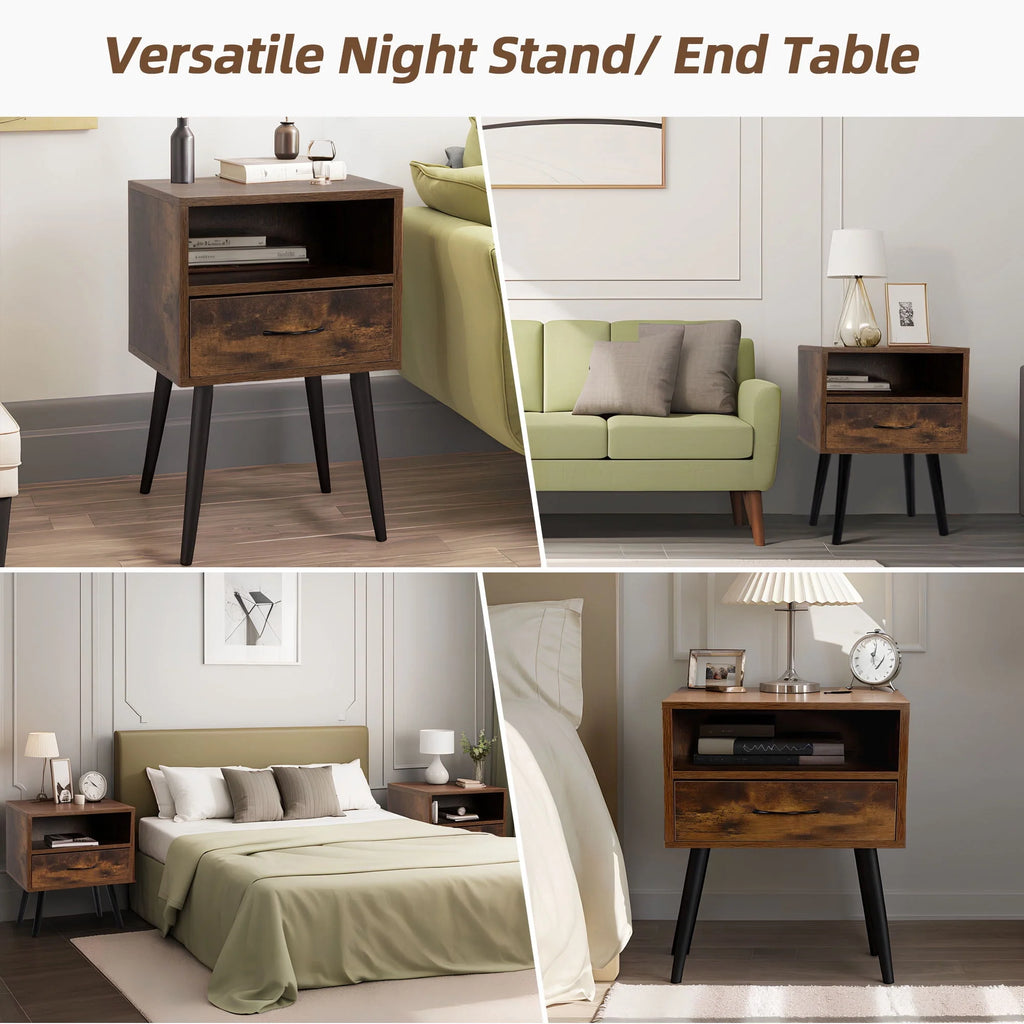 Set of 2 Nightstand with Drawer and Shelf, Wood Frame and Metal Legs, Brown S92747