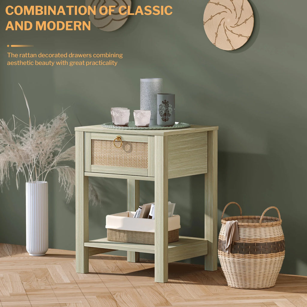 White Nightstand Set of 2 with Rattan Drawer and Open Storage Shelf K62647
