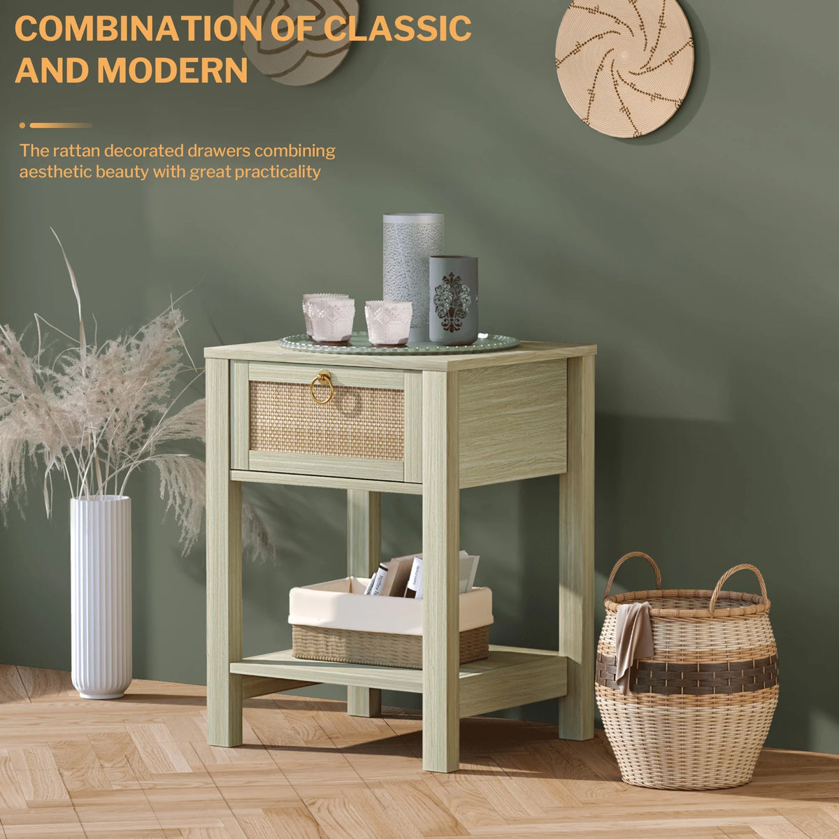 White Nightstand Set of 2 with Rattan Drawer and Open Storage Shelf K62647