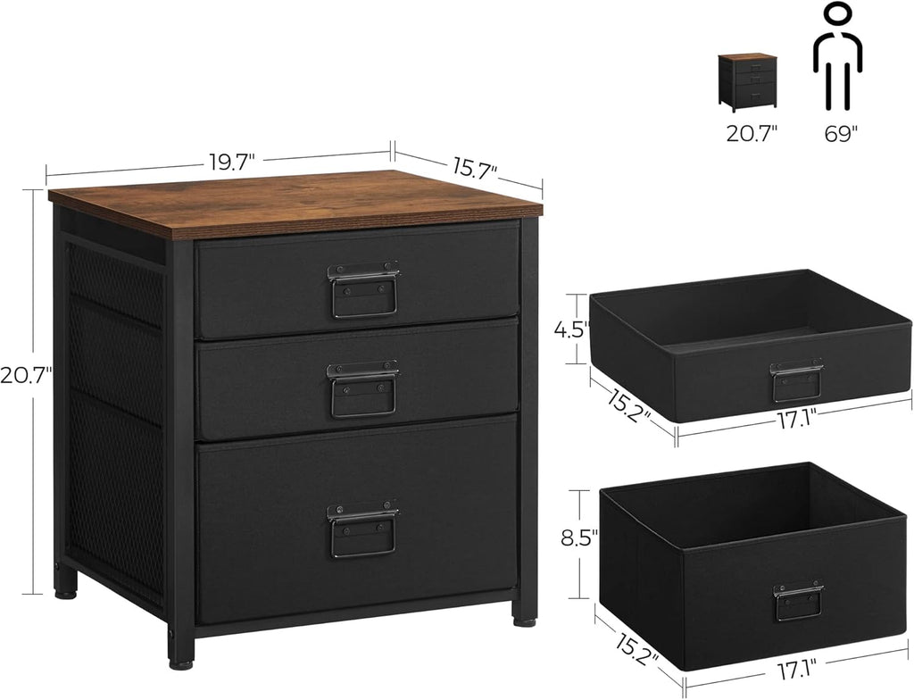 Industrial Nightstand, 3 Fabric Drawers, Steel Frame, Wooden Top X3607