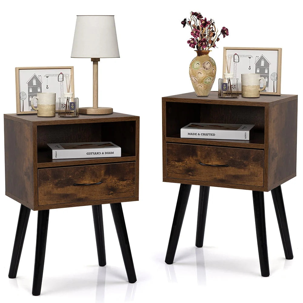 Set of 2 Nightstand with Drawer and Shelf, Wood Frame and Metal Legs, Brown S92747