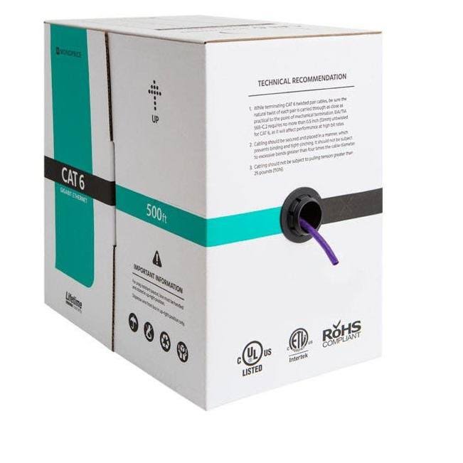 Cat6 Ethernet Bulk Cable, Solid, 550Mhz, UTP, CMR, Riser-Rated, Pure Bare Copper WIRE, 23AWG, 500ft, Purple, (UL) Z127