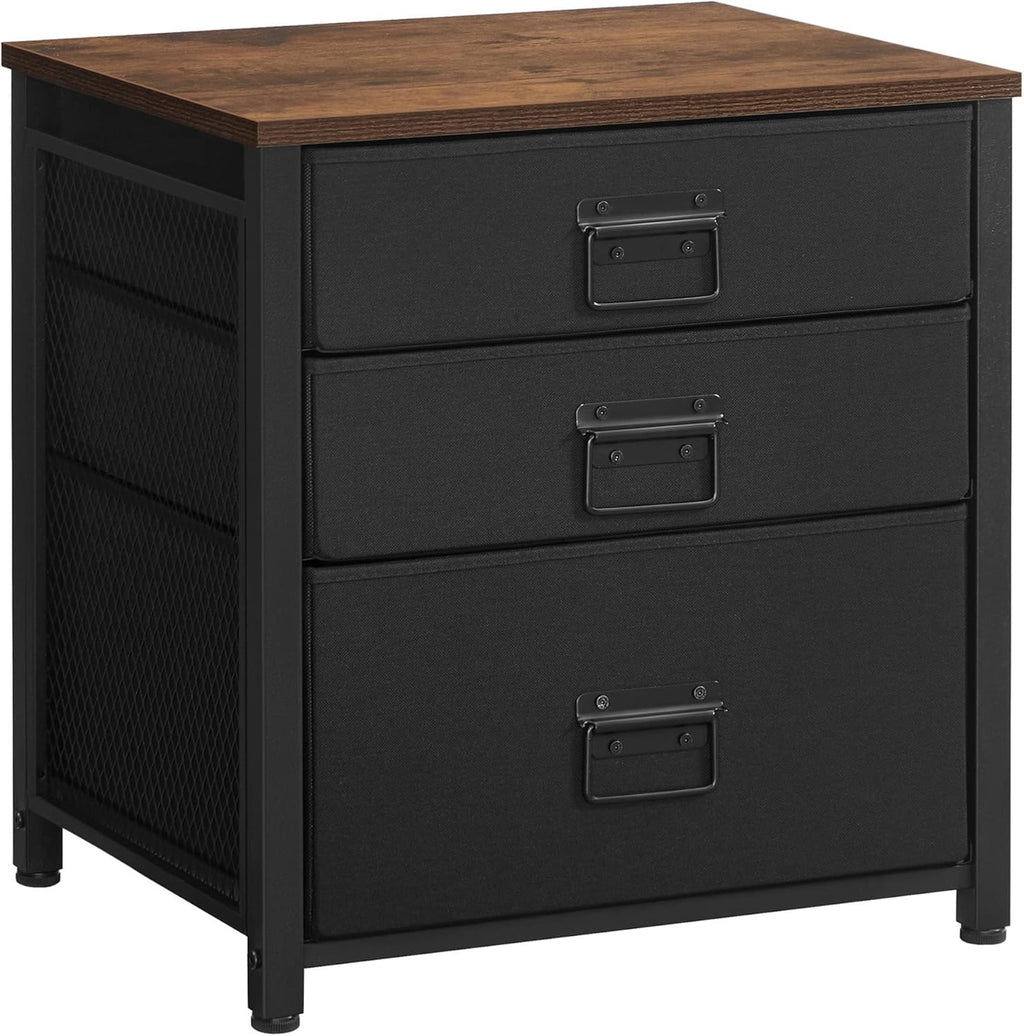 Industrial Nightstand, 3 Fabric Drawers, Steel Frame, Wooden Top X3607