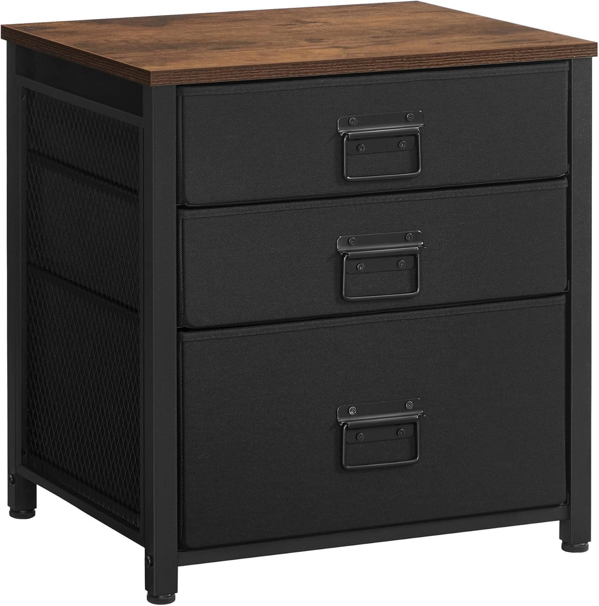 Industrial Nightstand, 3 Fabric Drawers, Steel Frame, Wooden Top X3607