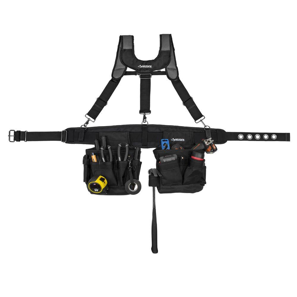 Black 14-Pocket Electrician Tool Belt with Suspenders Q622136