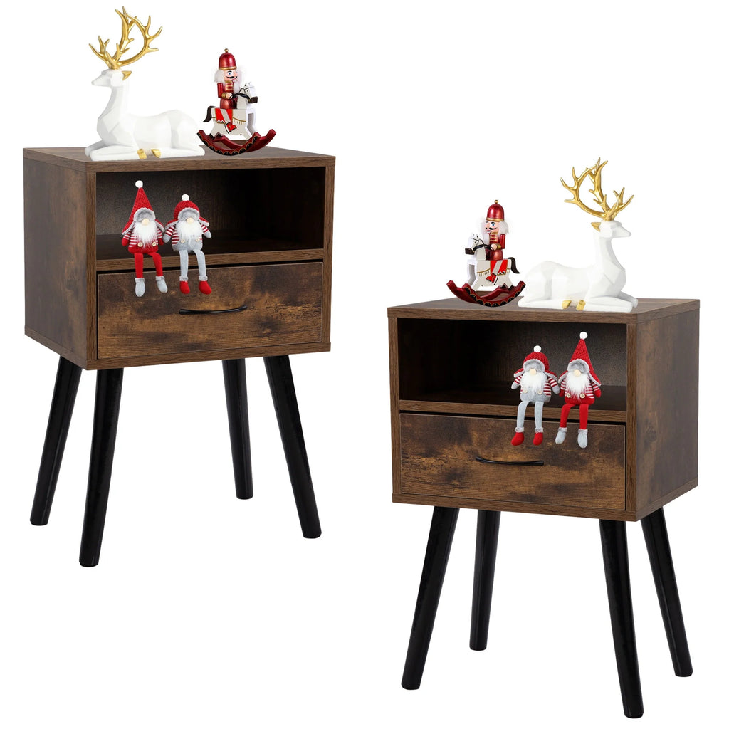 Set of 2 Nightstand with Drawer and Shelf, Wood Frame and Metal Legs, Brown S92747