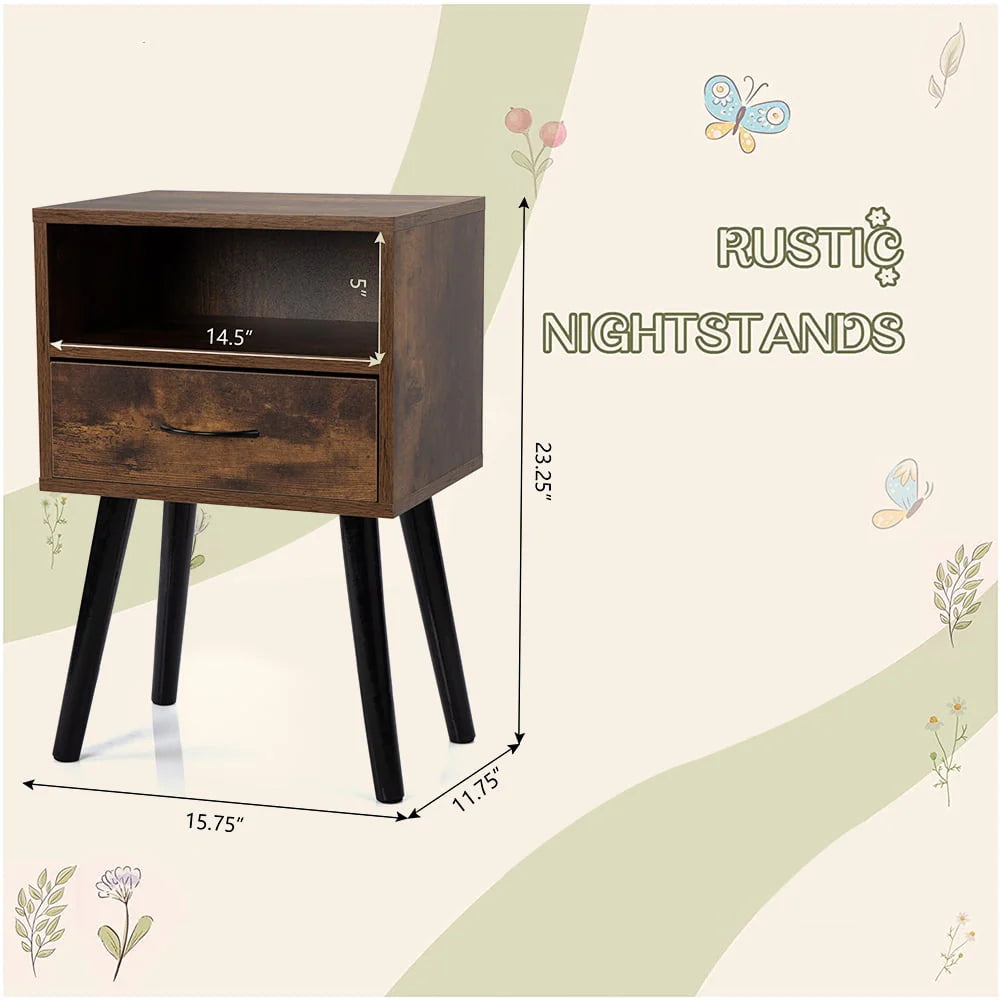 Set of 2 Nightstand with Drawer and Shelf, Wood Frame and Metal Legs, Brown S92747
