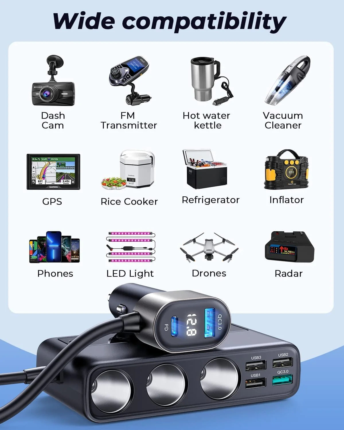 3 Socket 154W PD & QC 3.0 USB Car Charger O583
