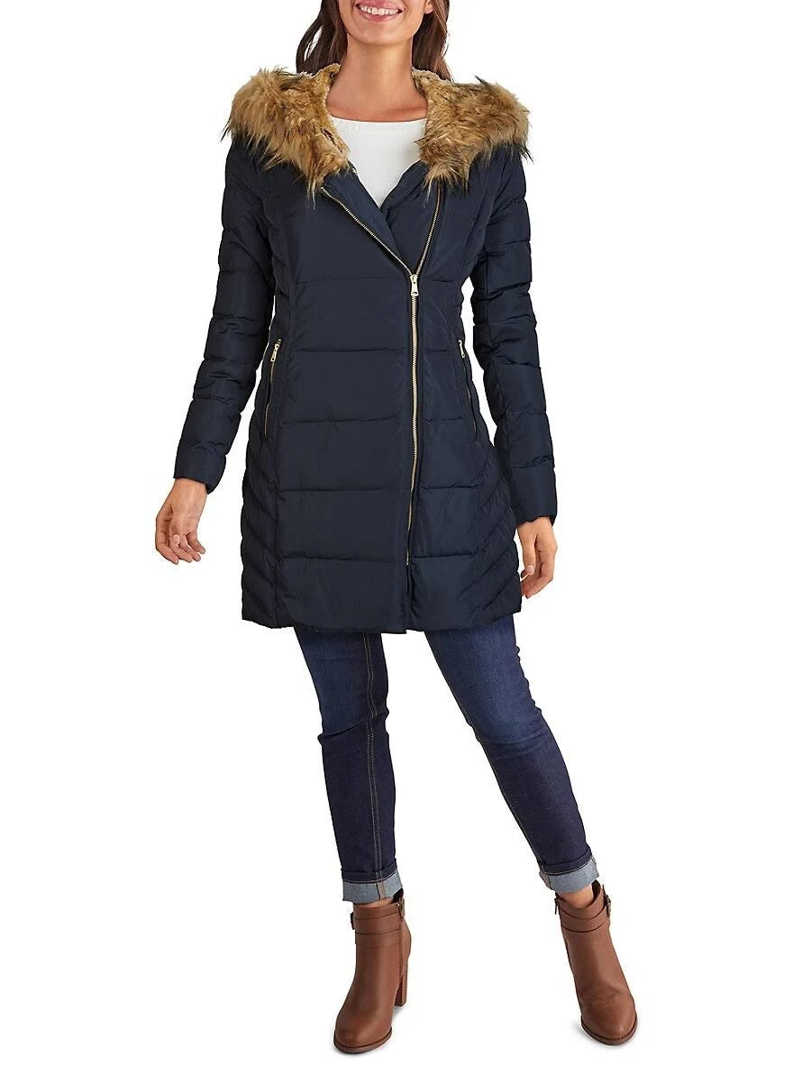Navy Hooded Asymmetrical Down Puffer Coat O4372