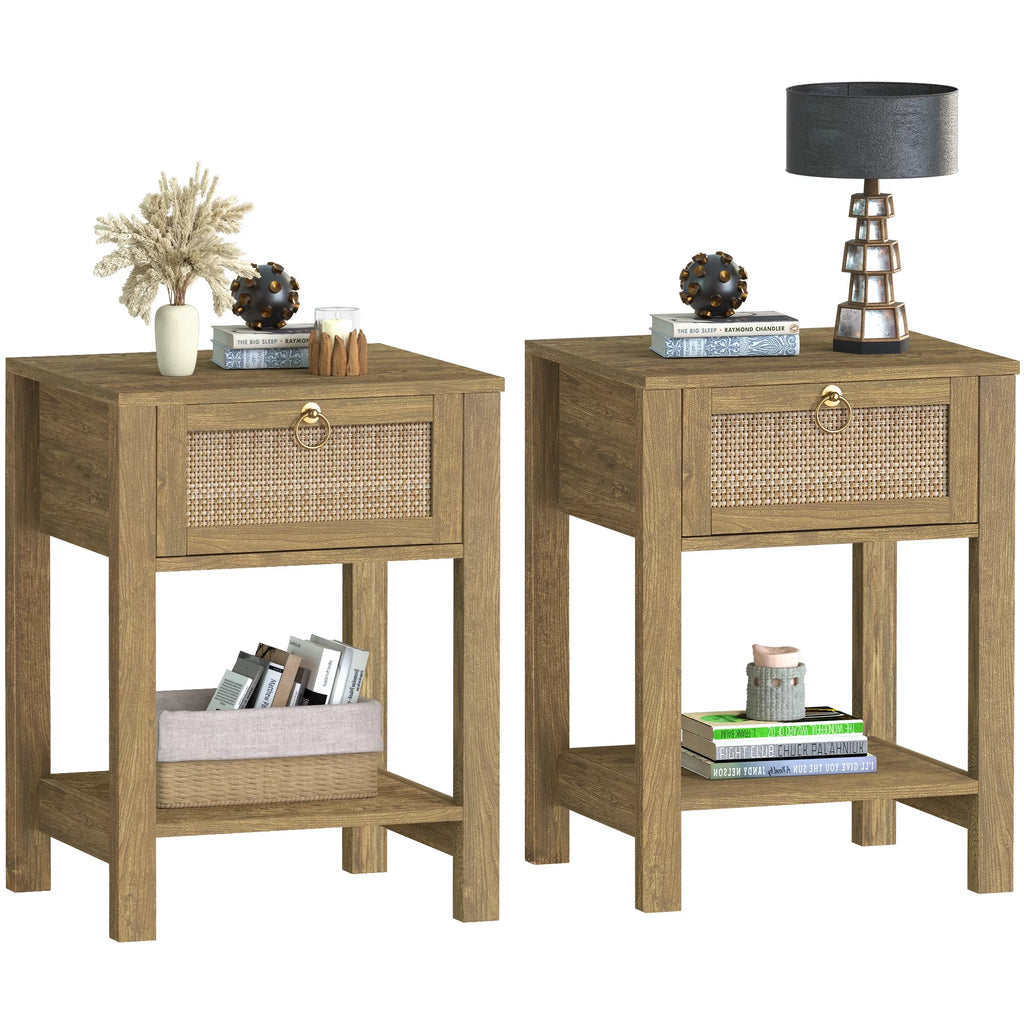 White Nightstand Set of 2 with Rattan Drawer and Open Storage Shelf K62647