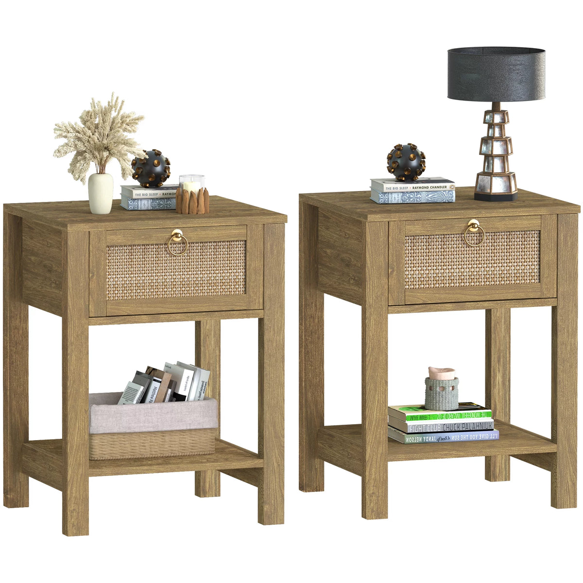 White Nightstand Set of 2 with Rattan Drawer and Open Storage Shelf K62647