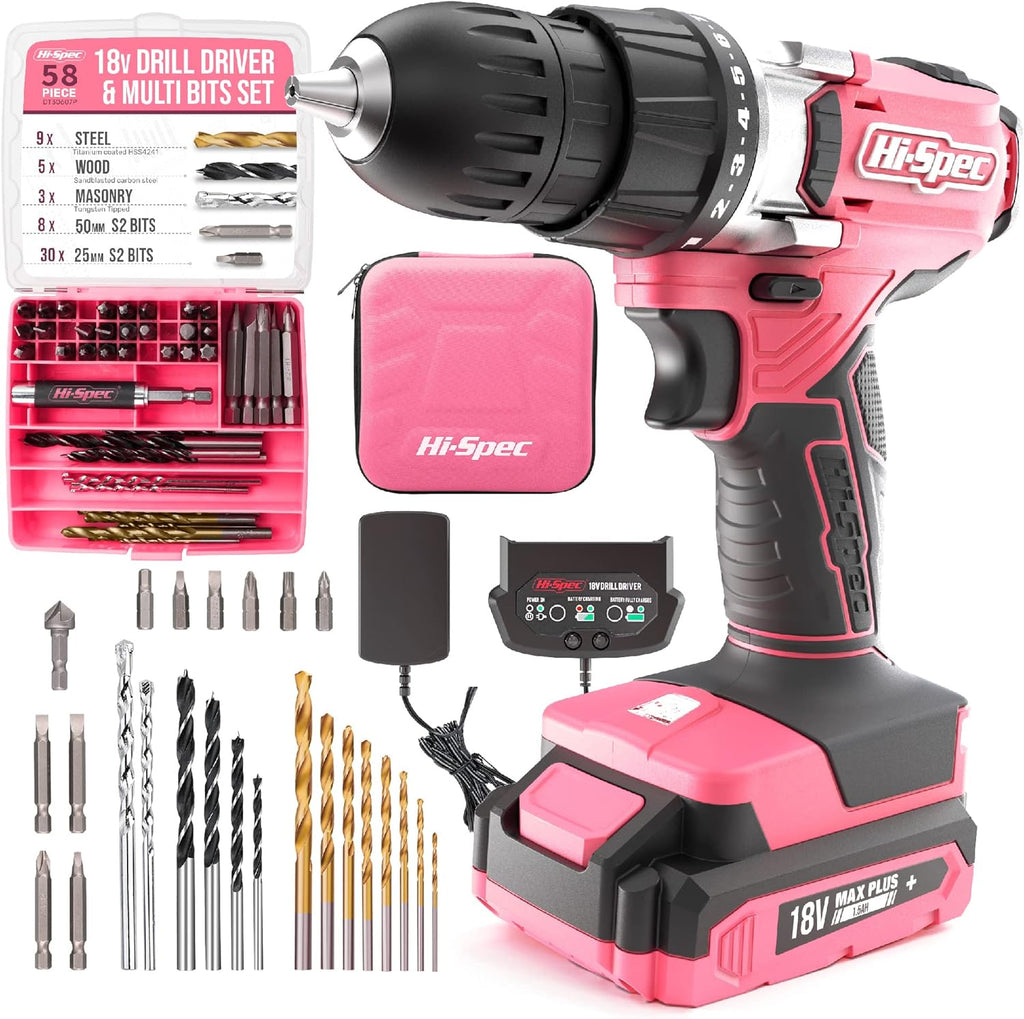 18V Pink Cordless Drill Driver & Bit Set with Tool Case I51659