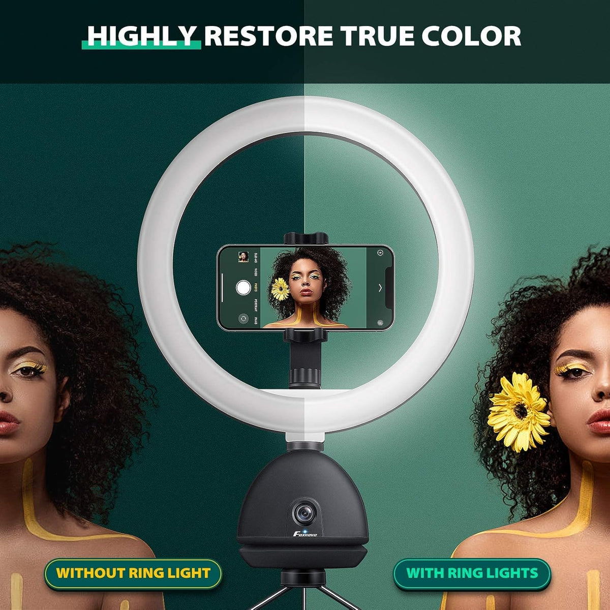 Auto Face Tracking Phone Holder with 10'' Selfie Ring Light and Tripod Stand W3978