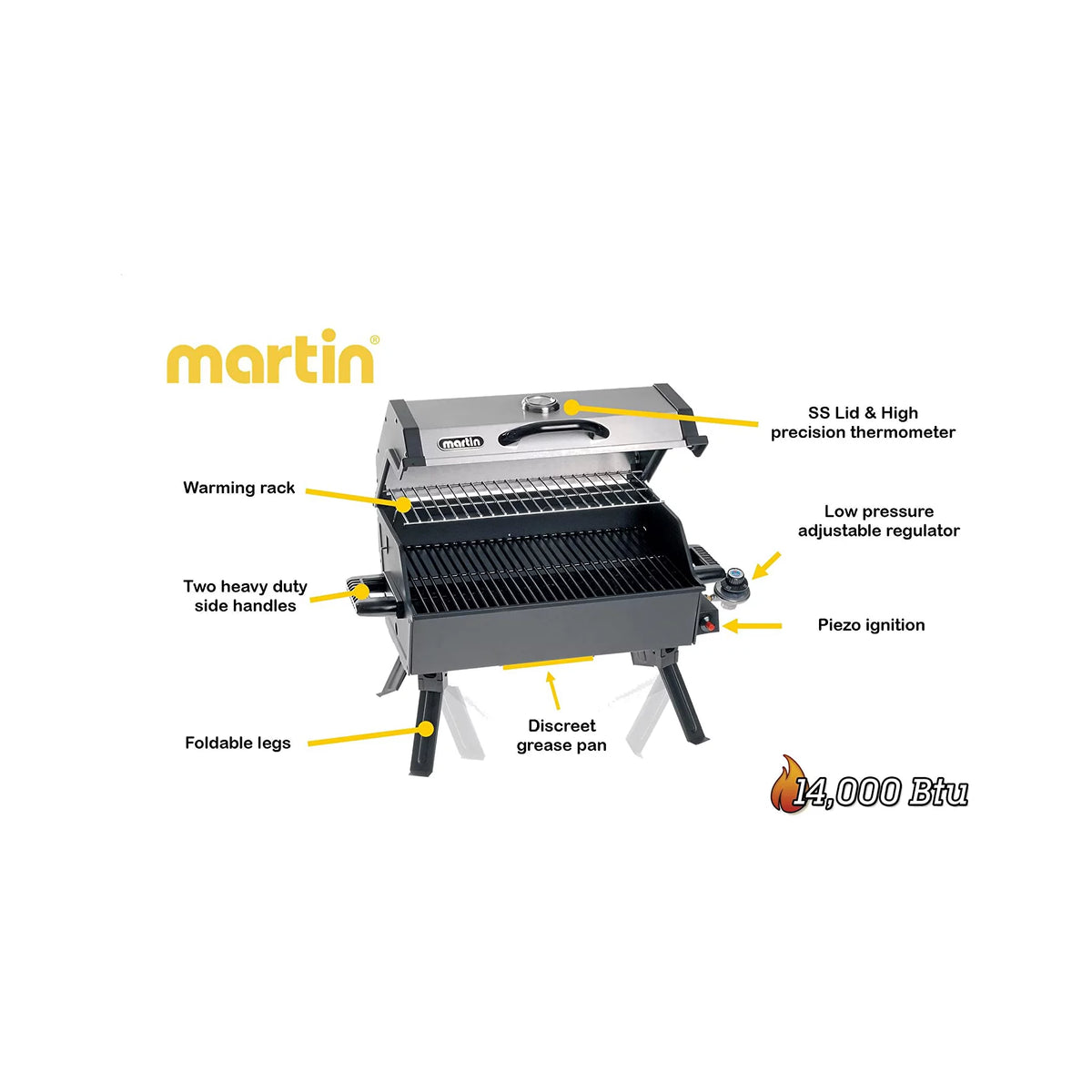 14,000 BTU Portable Propane Gas Grill with Grease Pan T342