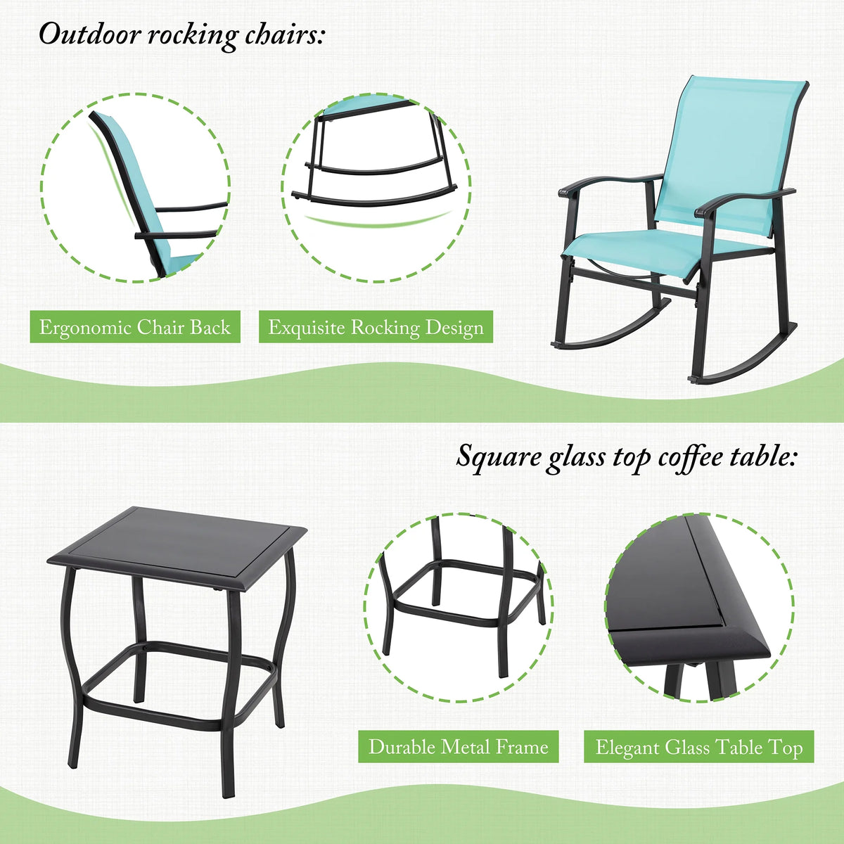 3 Piece Rocking Bistro Set with Rocker Chairs and Coffee Table Light Grey G55411