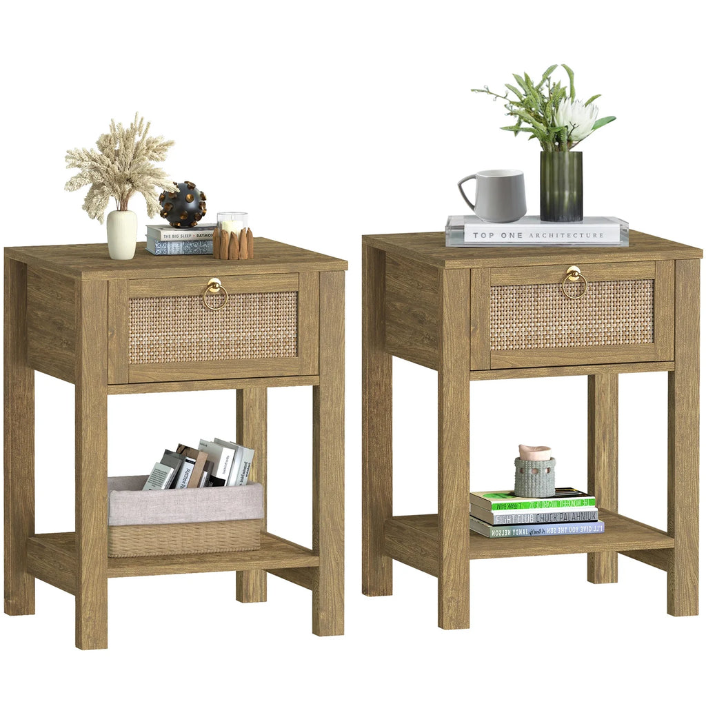 White Nightstand Set of 2 with Rattan Drawer and Open Storage Shelf K62647