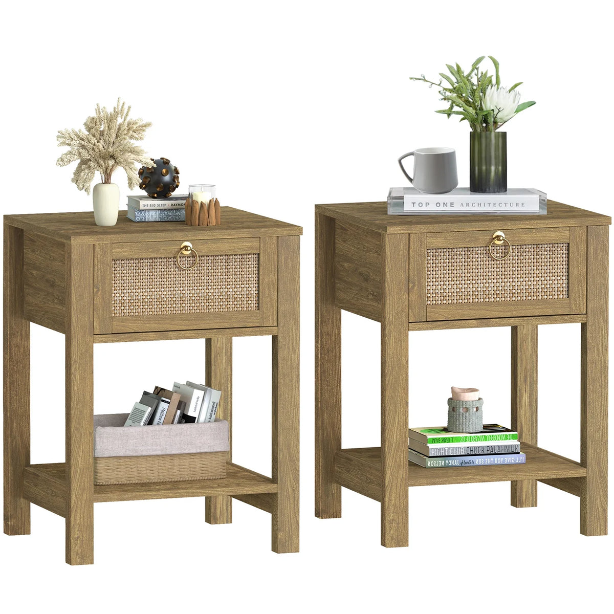 White Nightstand Set of 2 with Rattan Drawer and Open Storage Shelf K62647