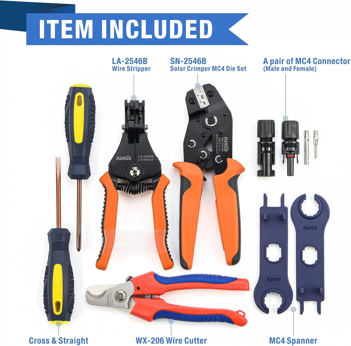 Solar PV Cable Crimping Tool Kit with Stripper, Cutter, Spanner and Connectors U918