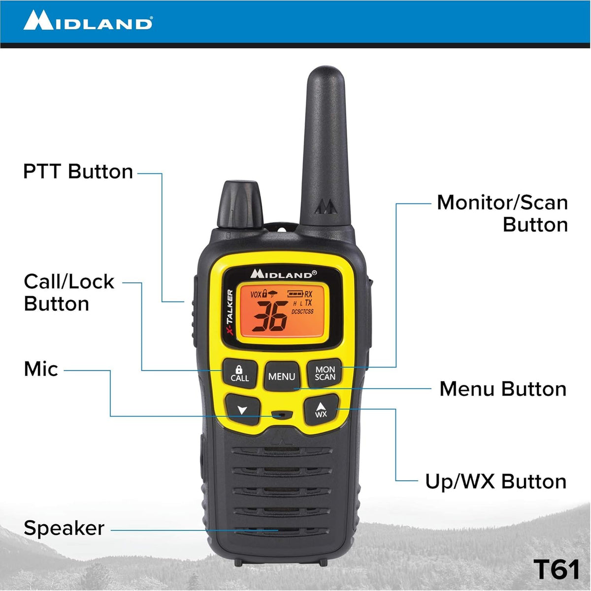 36 Channel FRS Two-Way Radio, 121 Privacy Codes, NOAA Weather Scan + Alert, Black/Yellow, 2-Pack L472