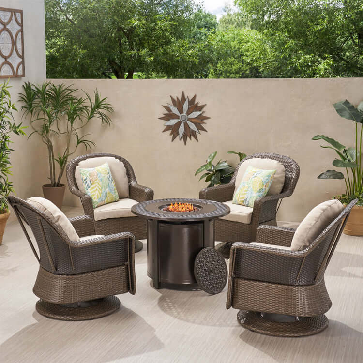 4-Seater Wicker Swivel Chair and Fire Pit F4893