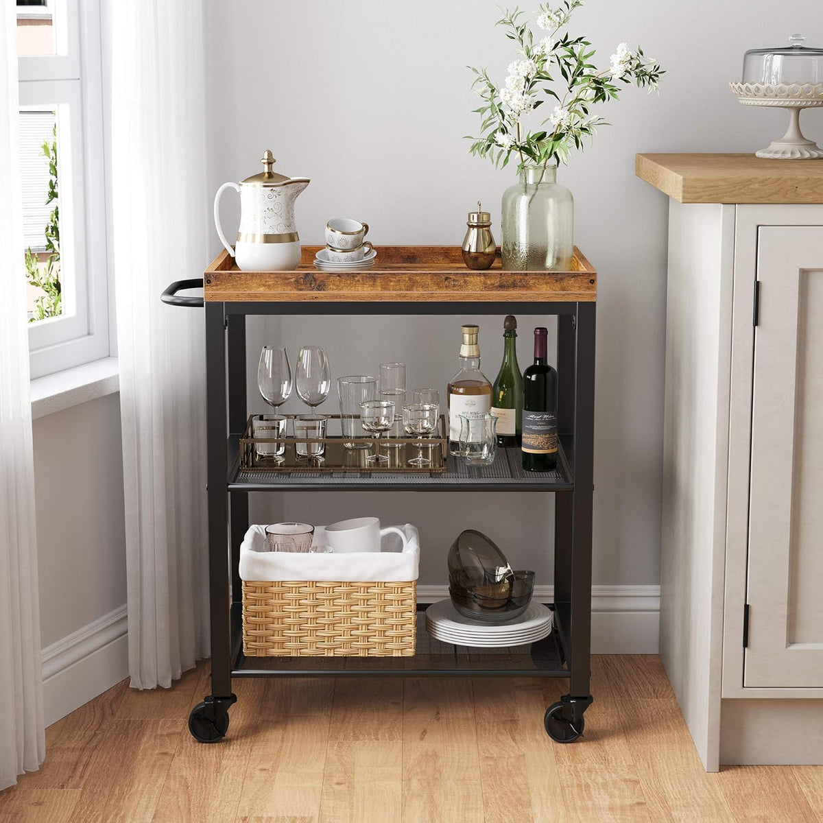 Bar Cart with Casters and Mesh Shelves Q314