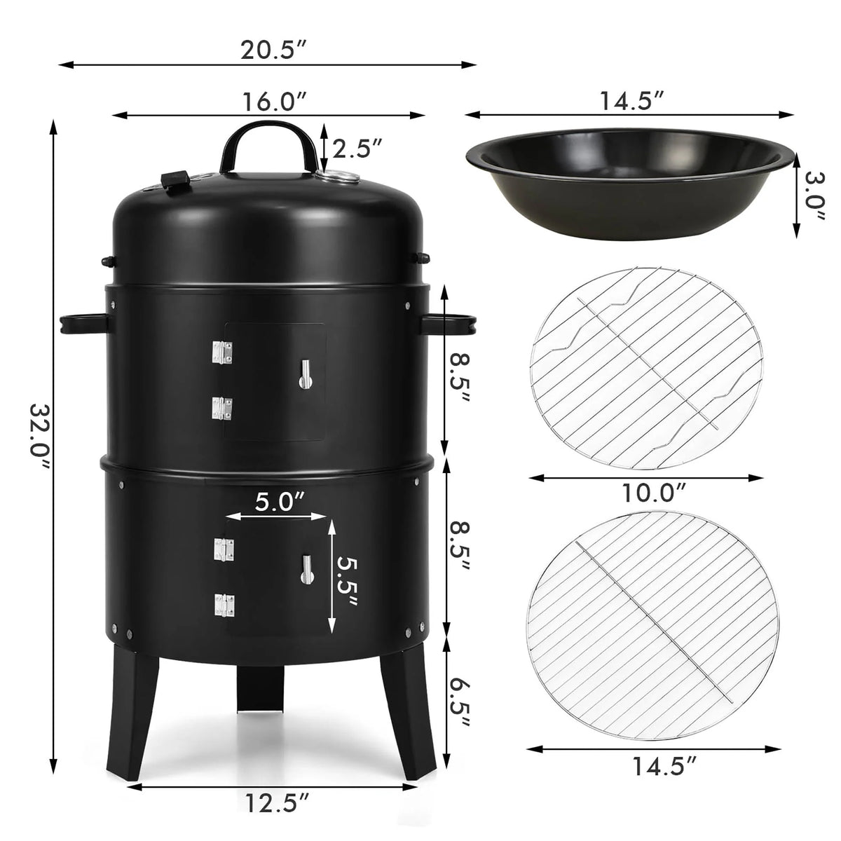3-in-1 Vertical Charcoal Smoker Grill with 2 Layer V293057