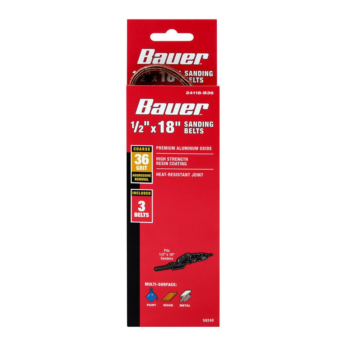1/2 in. x 18 in. 36-Grit Aluminum Oxide Sanding Belts 3-Pack K236