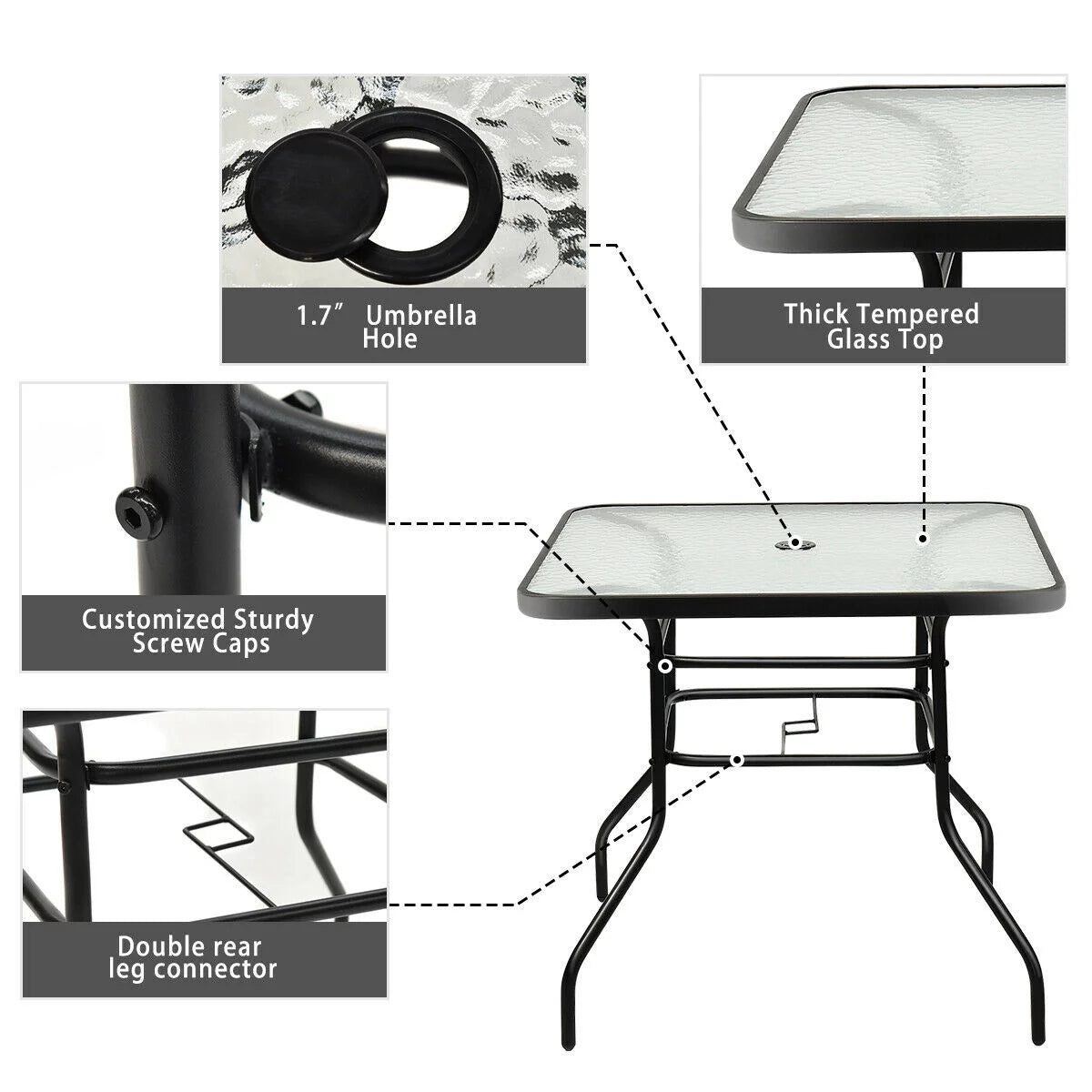 32'' Tempered Glass Steel Frame Patio Square Table I89877