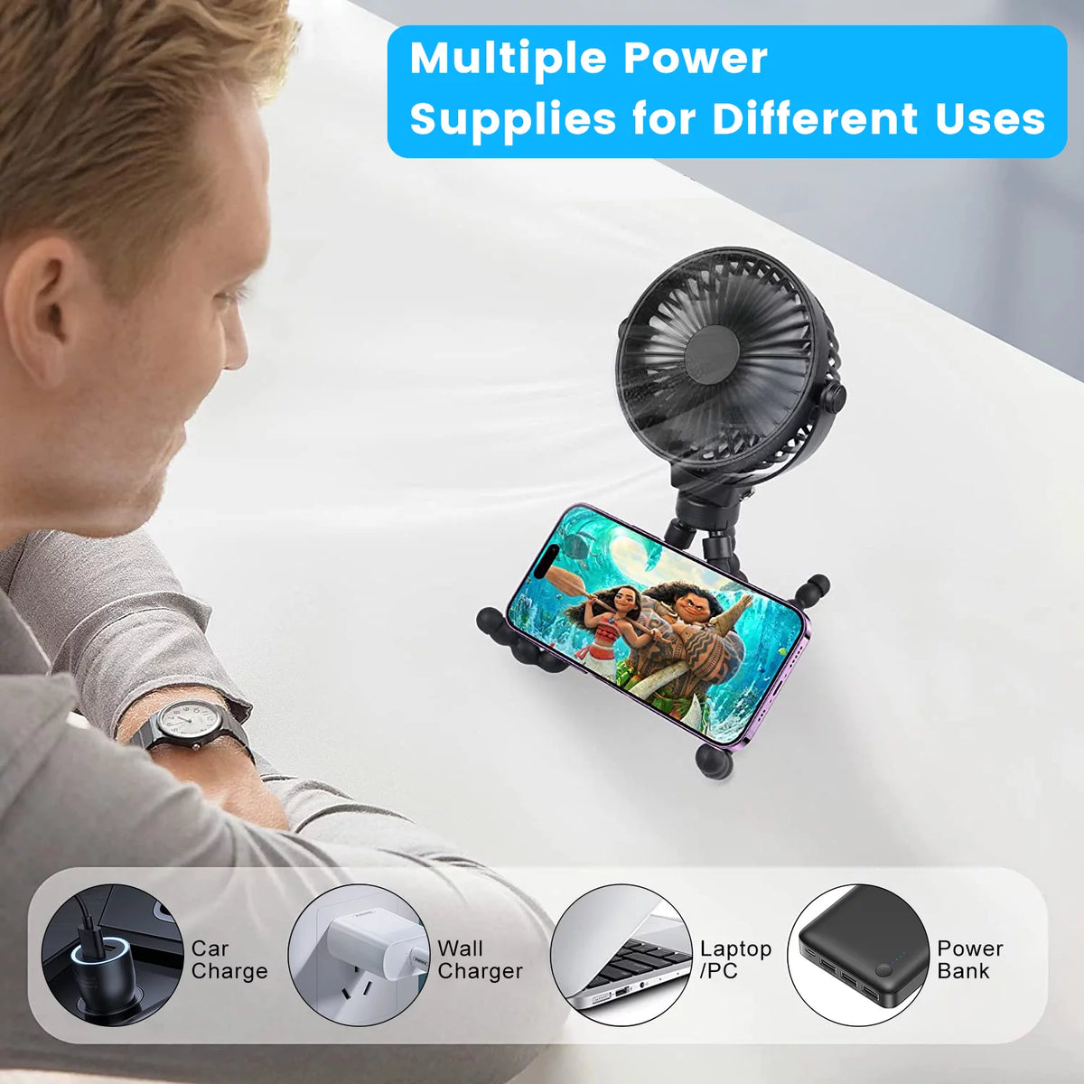 Portable Battery Operated Clip on Fan with Flexible Tripod White A8395