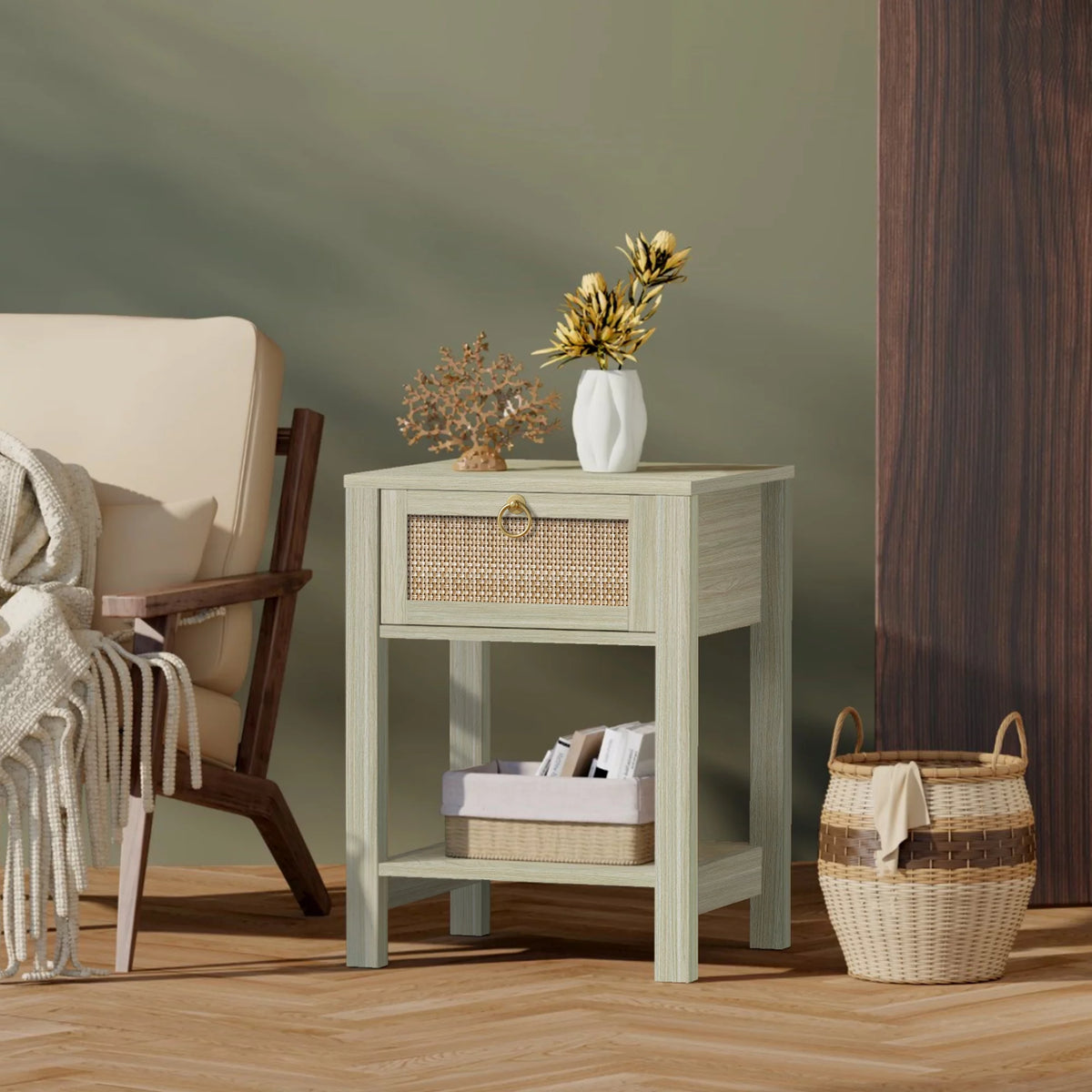 White Nightstand Set of 2 with Rattan Drawer and Open Storage Shelf K62647
