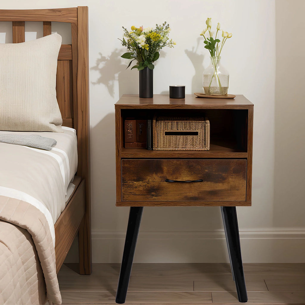 Set of 2 Nightstand with Drawer and Shelf, Wood Frame and Metal Legs, Brown S92747