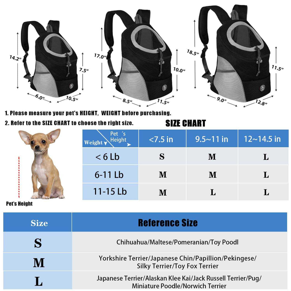 Dog Backpack Carrier Pet Carrier for Small Medium Dogs Breathable Adjustable with Safety Reflective Strips F378306