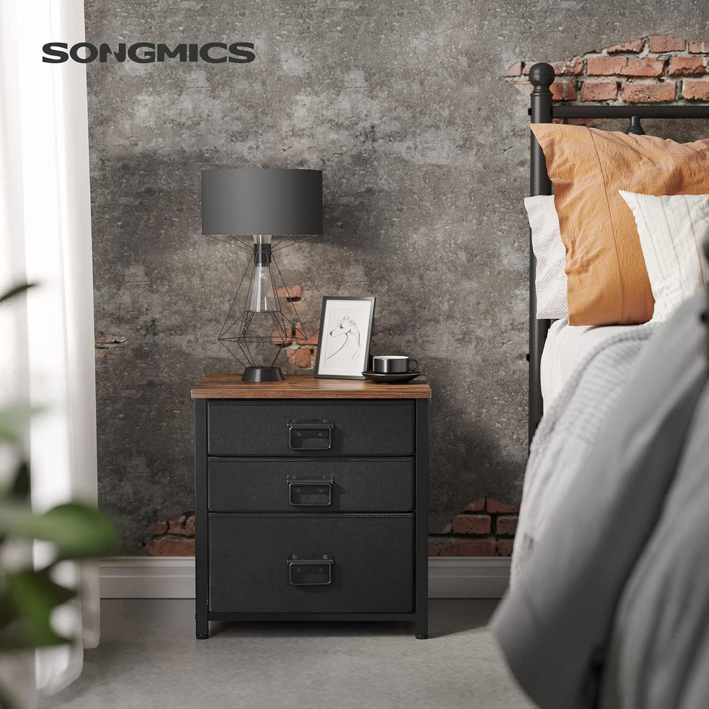 Industrial Nightstand, 3 Fabric Drawers, Steel Frame, Wooden Top X3607