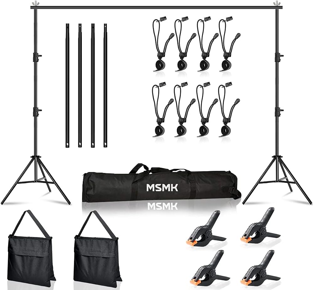 Photo Video Studio Backdrop Stand with 8 Spring & 4 Clips, 6.5ft x 10ft Adjustable Muslin Background Support System Kit with Sand Bag, Carry Bag B577975