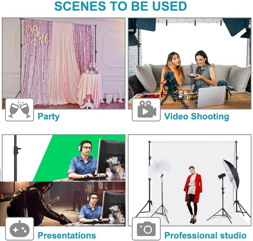 Photo Video Studio Backdrop Stand with 8 Spring & 4 Clips, 6.5ft x 10ft Adjustable Muslin Background Support System Kit with Sand Bag, Carry Bag B577975