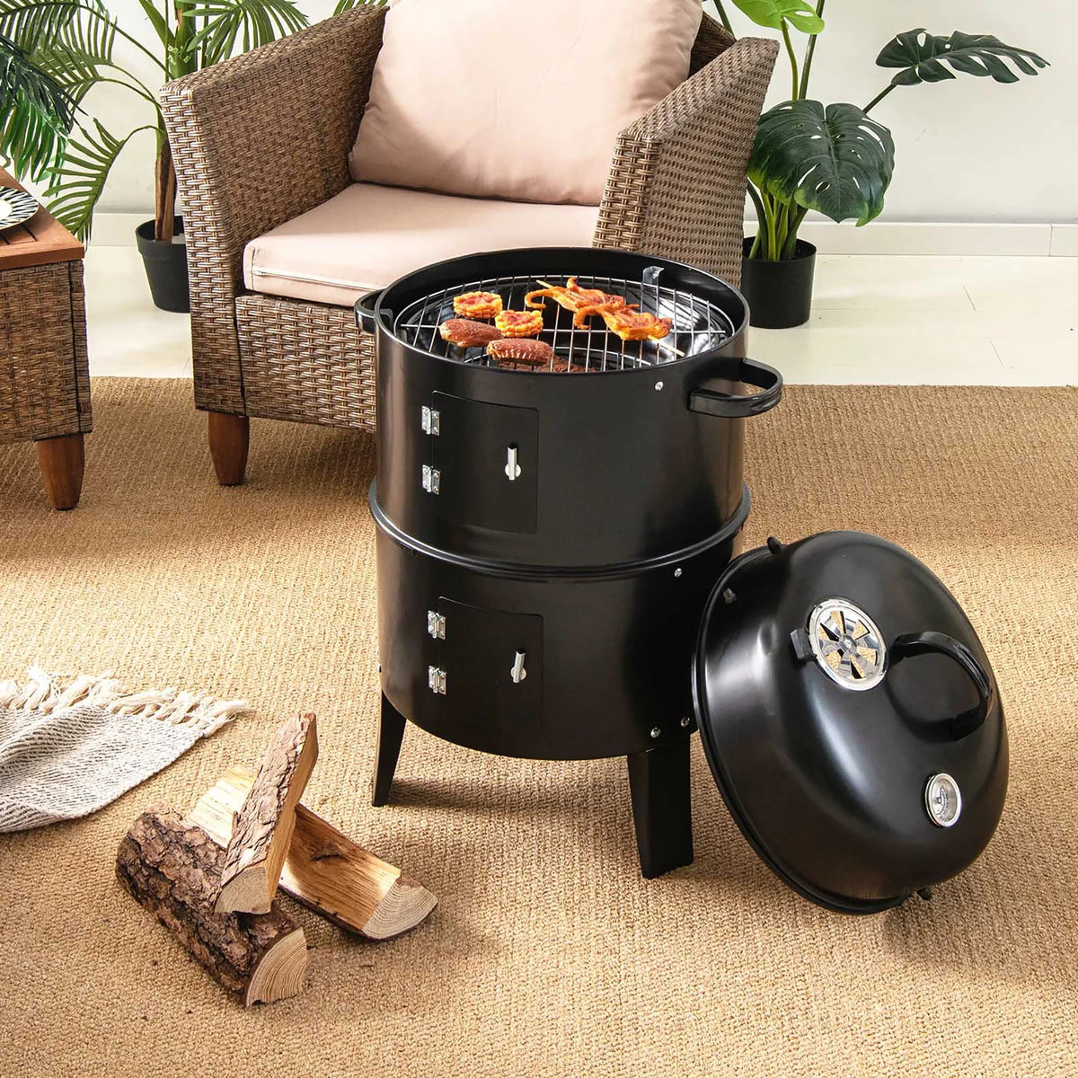 3-in-1 Vertical Charcoal Smoker Grill with 2 Layer V293057