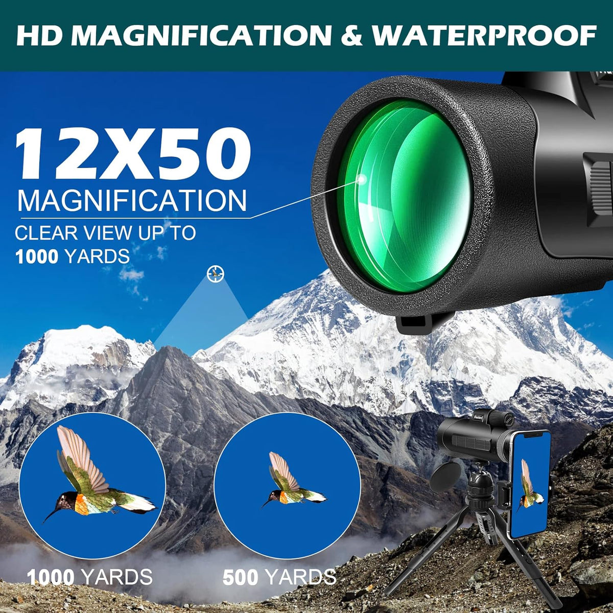 12X50 BAK4 Prism FMC Monocular with Smartphone Adapter and Tripod F279899
