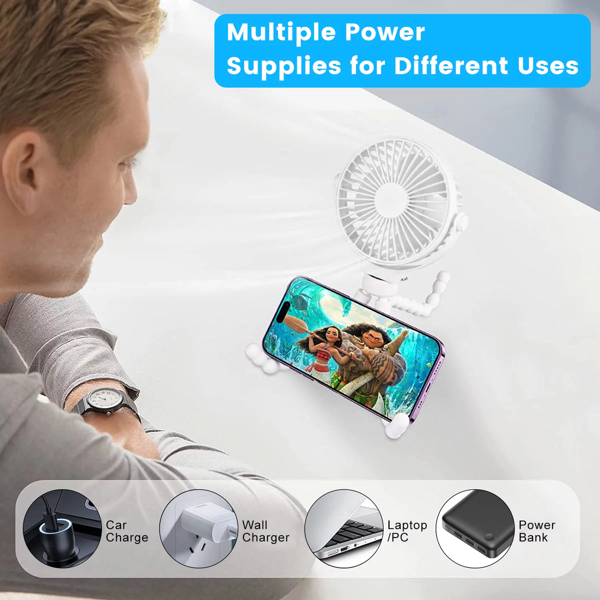 Portable Battery Operated Clip on Fan with Flexible Tripod White A8395