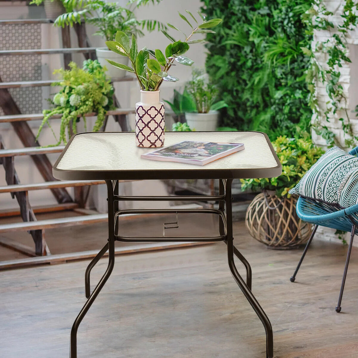 32'' Tempered Glass Steel Frame Patio Square Table I89877