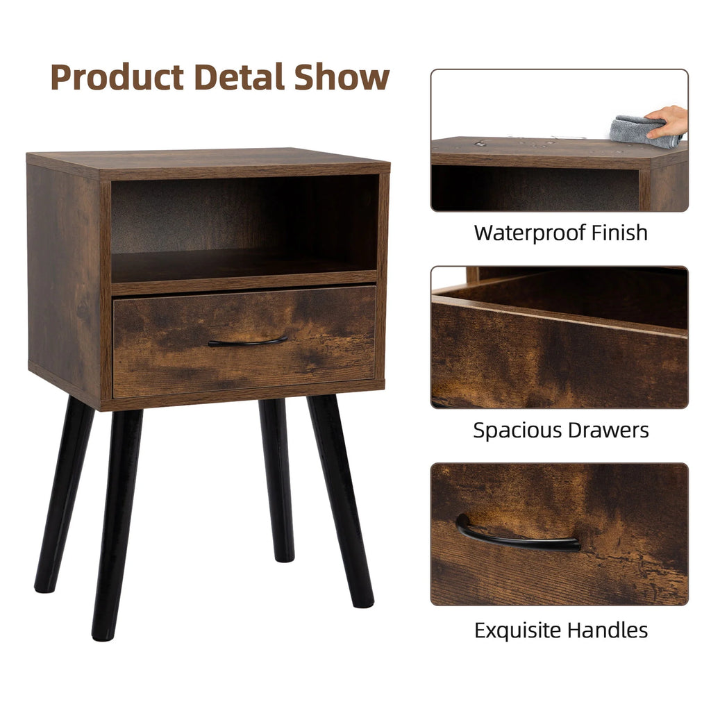 Set of 2 Nightstand with Drawer and Shelf, Wood Frame and Metal Legs, Brown S92747
