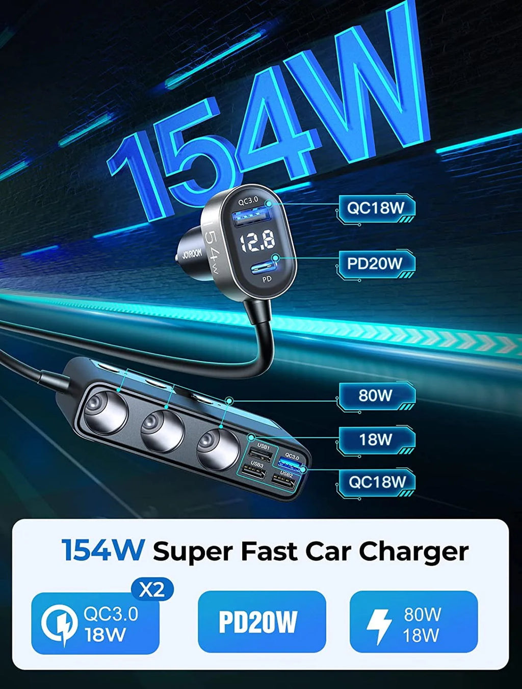 3 Socket 154W PD & QC 3.0 USB Car Charger O583