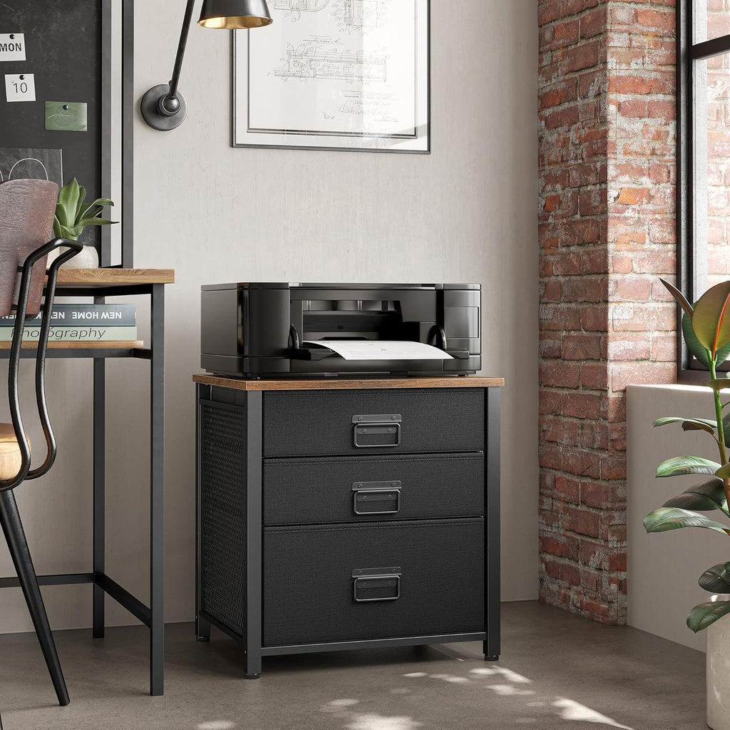 Industrial Nightstand, 3 Fabric Drawers, Steel Frame, Wooden Top X3607