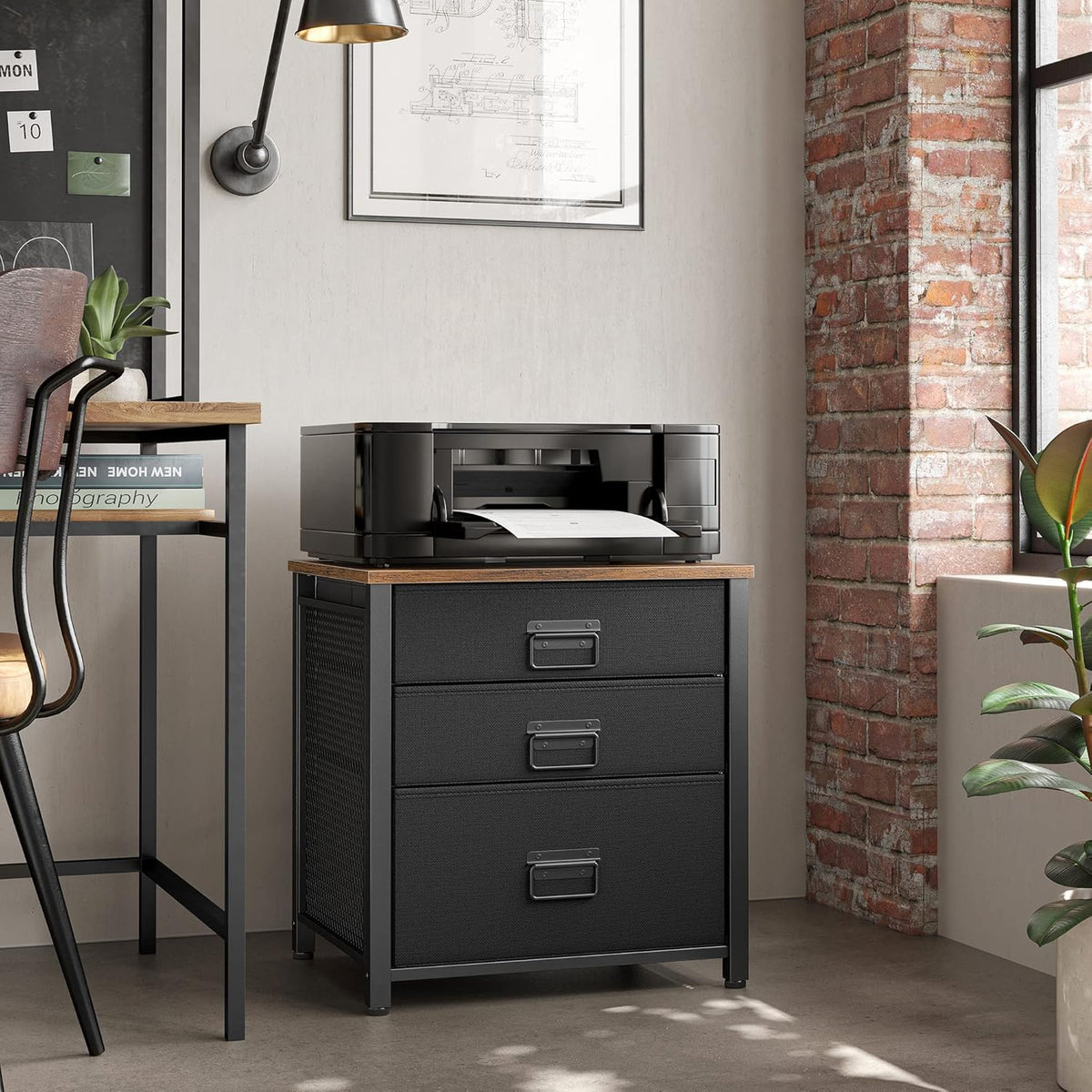 Industrial Nightstand, 3 Fabric Drawers, Steel Frame, Wooden Top X3607