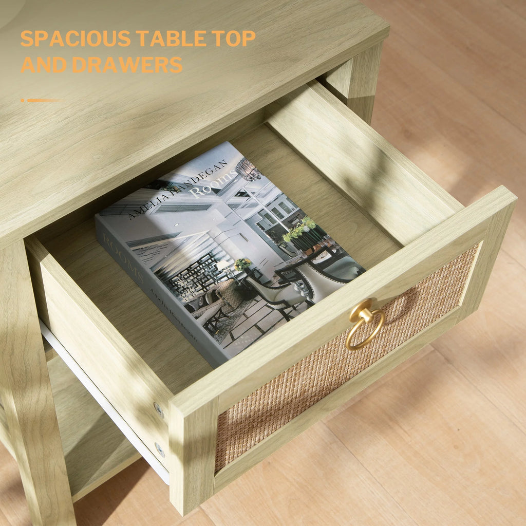 White Nightstand Set of 2 with Rattan Drawer and Open Storage Shelf K62647
