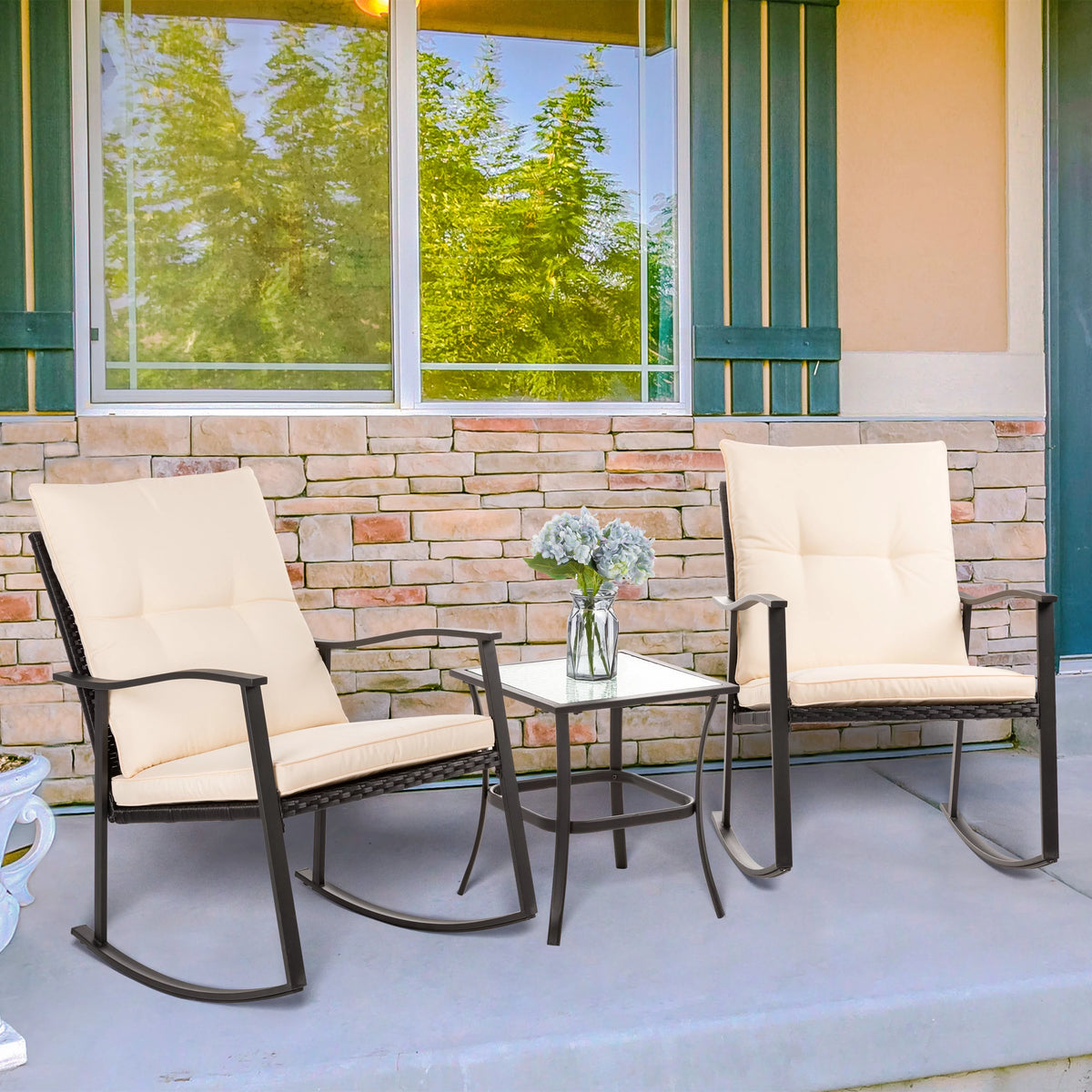 3 Piece Rocking Bistro Set with Rocker Chairs and Coffee Table Light Grey G55411