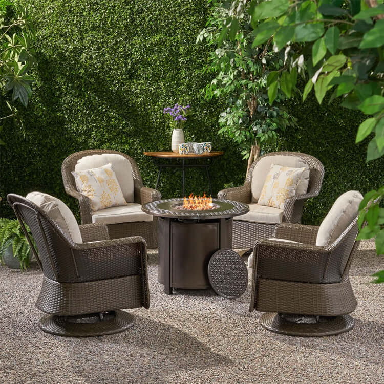 4-Seater Wicker Swivel Chair and Fire Pit F4893