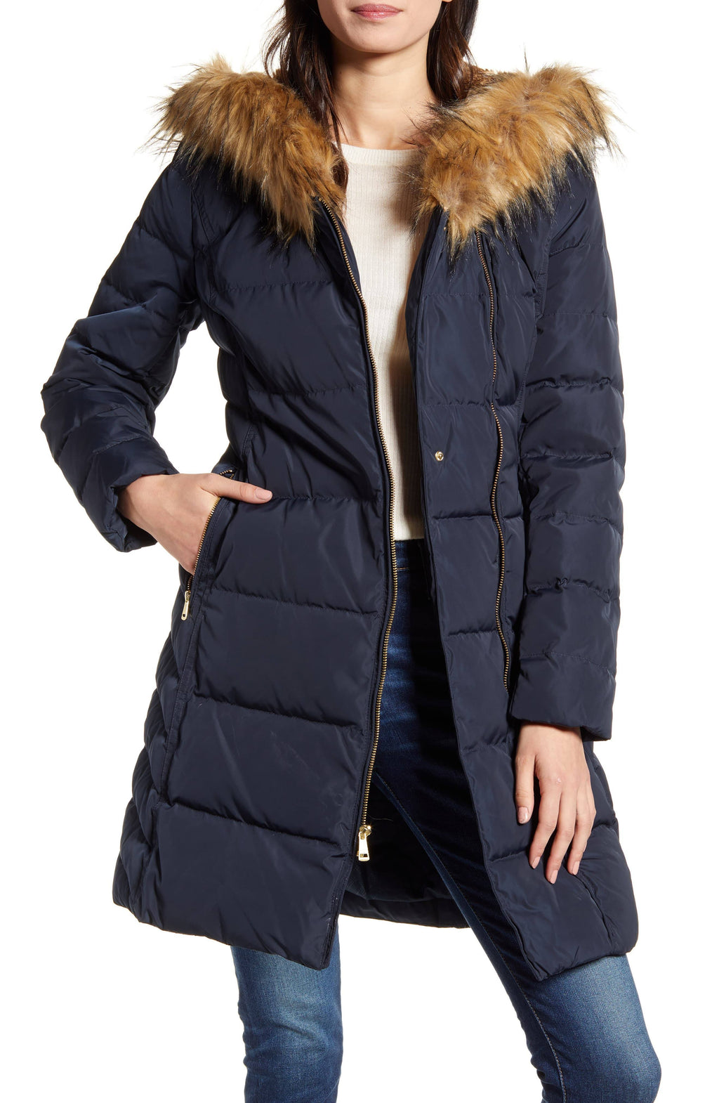 Navy Hooded Asymmetrical Down Puffer Coat O4372