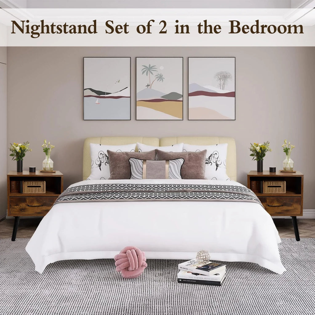 Set of 2 Nightstand with Drawer and Shelf, Wood Frame and Metal Legs, Brown S92747