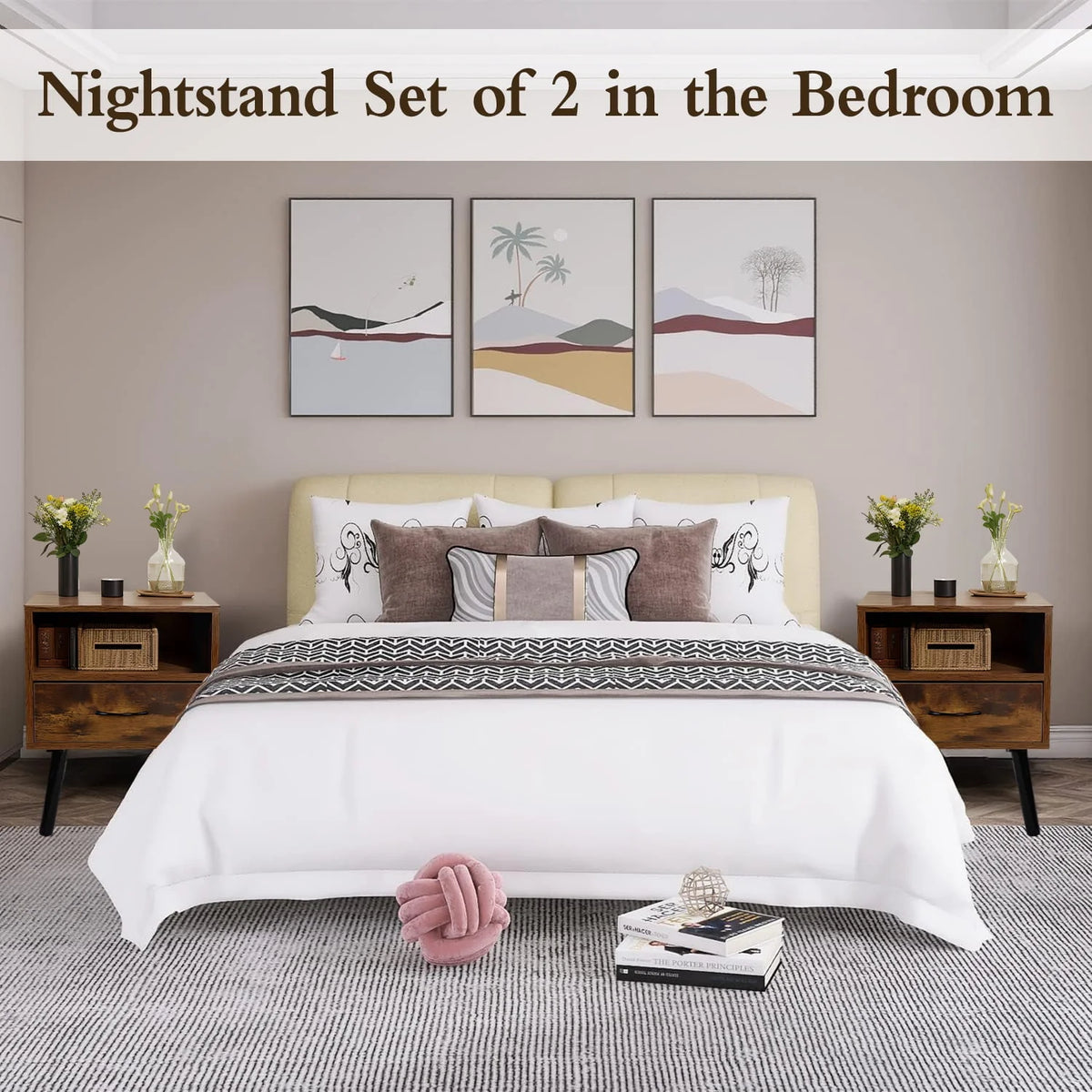 Set of 2 Nightstand with Drawer and Shelf, Wood Frame and Metal Legs, Brown S92747